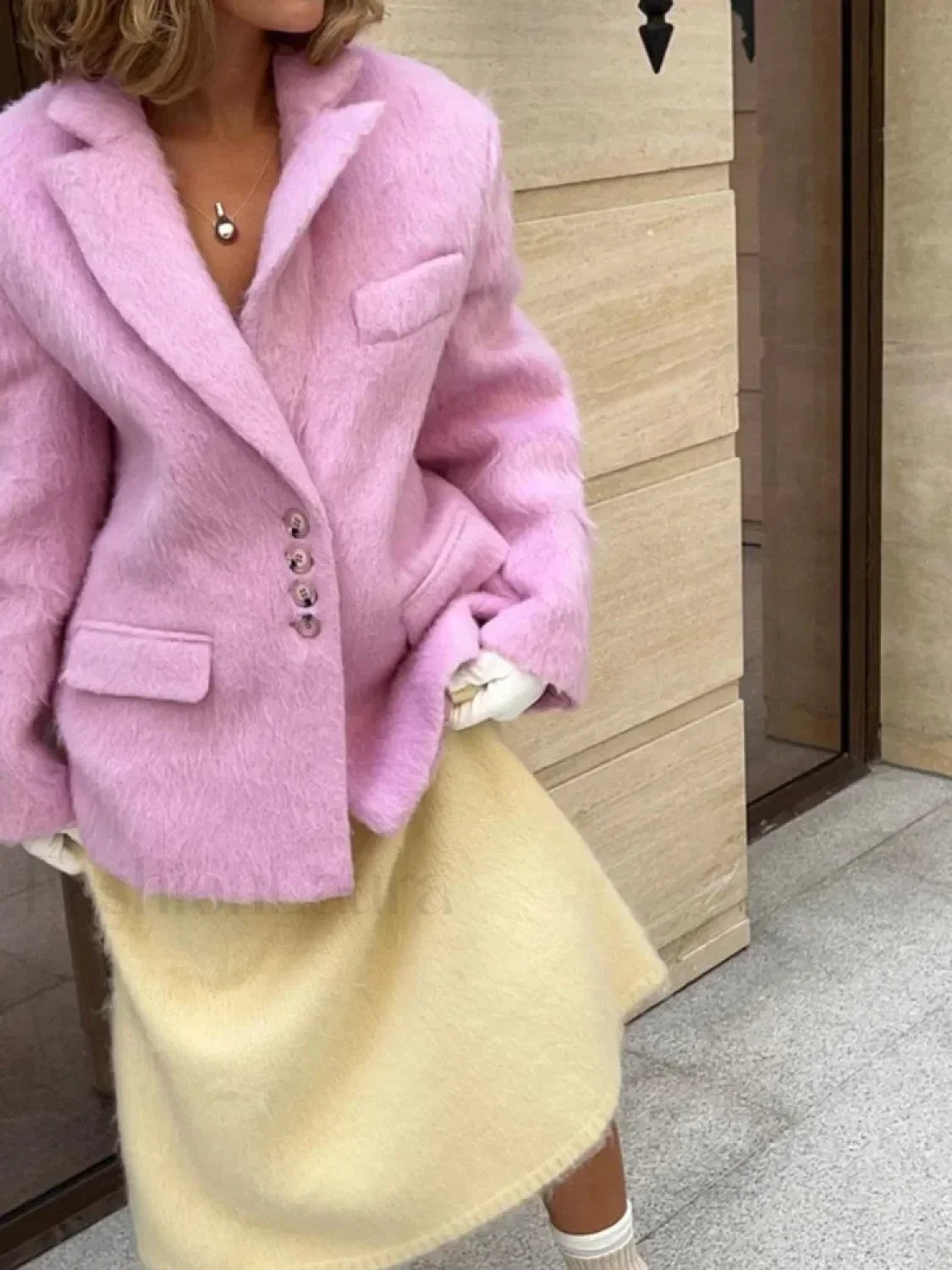 Women Pink Woolen Lapel Blazer Overcoats