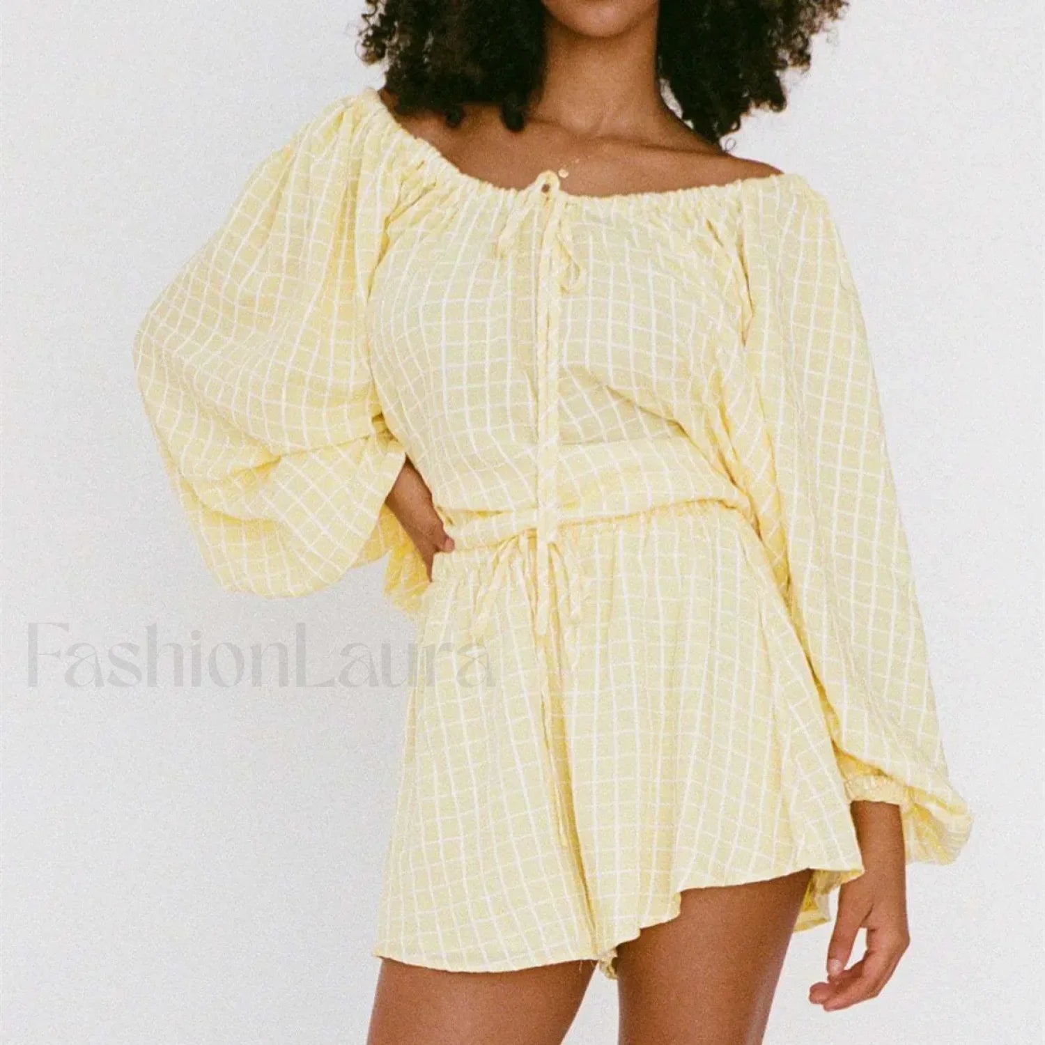 Women Plaid Tie-up T-shirt Elastic Waist Shorts Two Piece Set