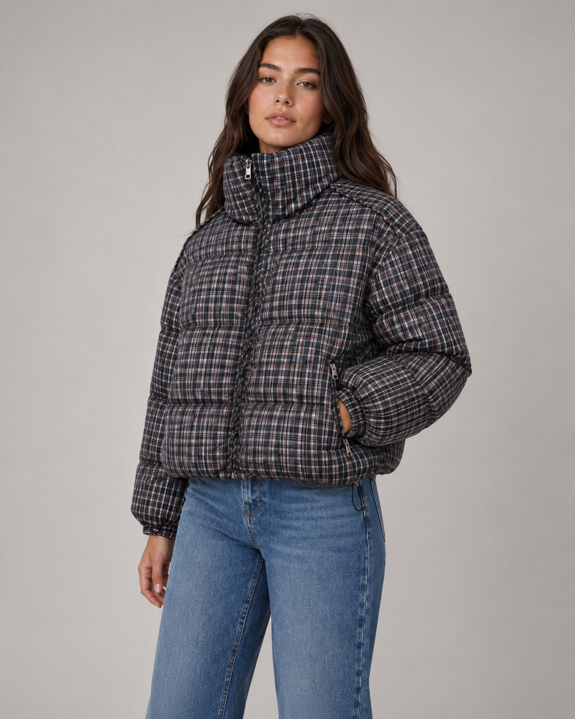 Plaid Check Funnel Neck Cropped Puffer Jacket