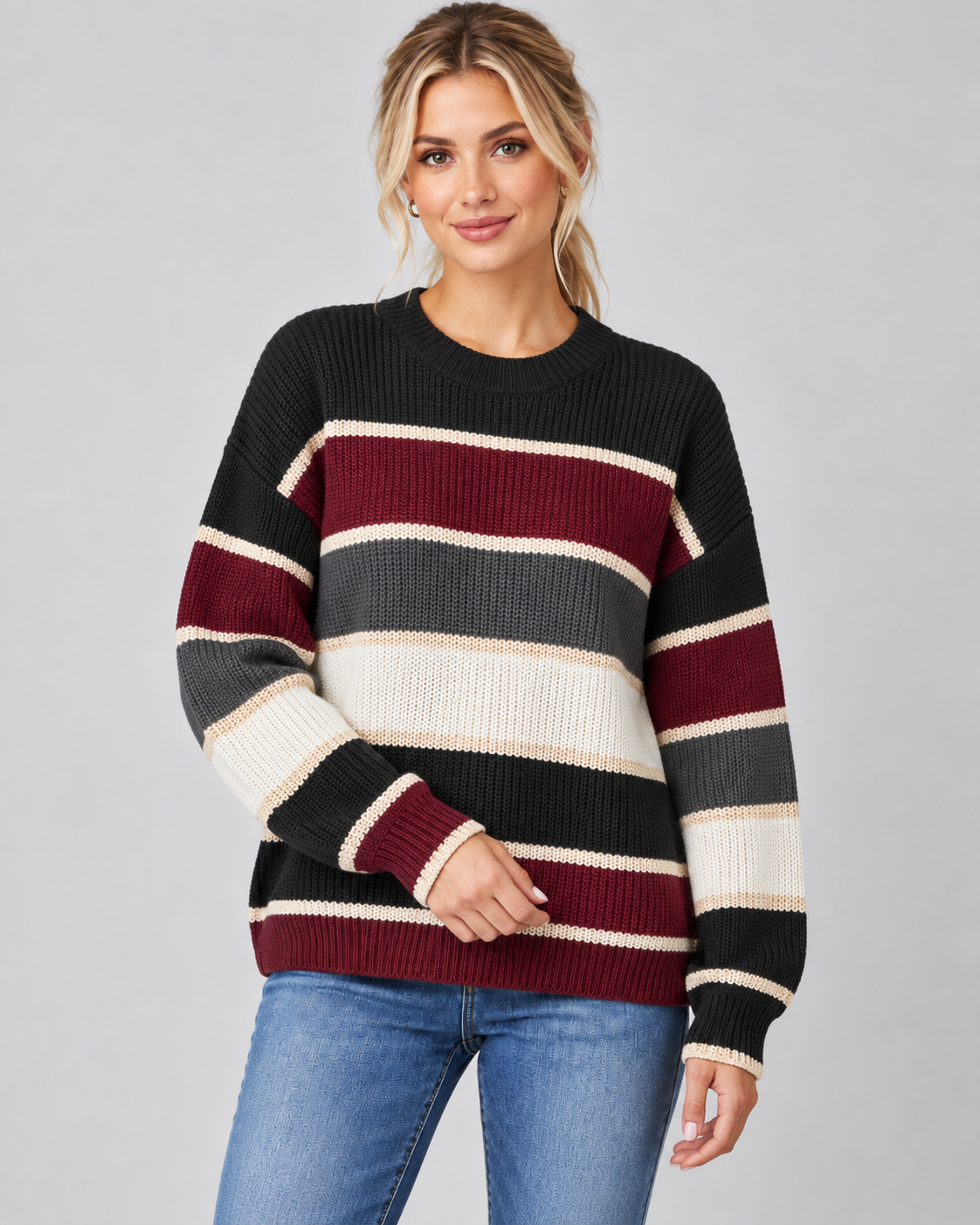 Striped Color Block Crew Neck Knit Sweater