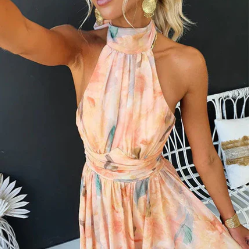 Watercolor Floral Halter Neck Ruched A-Line Maxi Dress 4