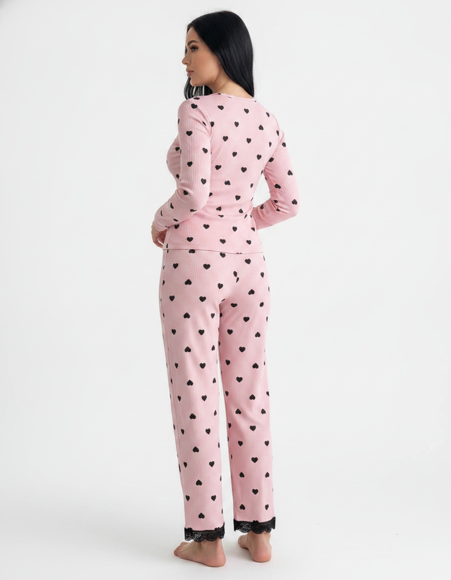 Women's Heart Print Lounge Set with Lace Trim | Cozy Home Comfort