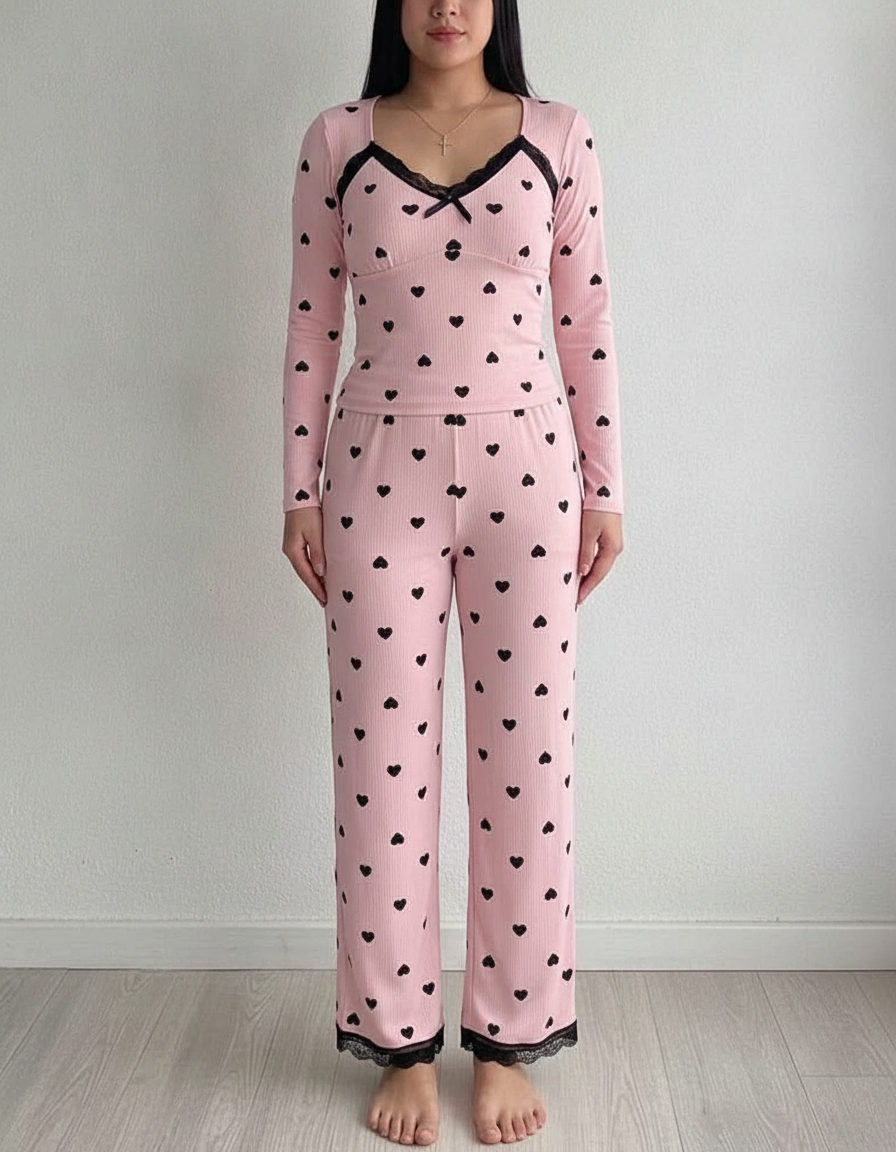 Women's Heart Print Lounge Set with Lace Trim | Cozy Home Comfort