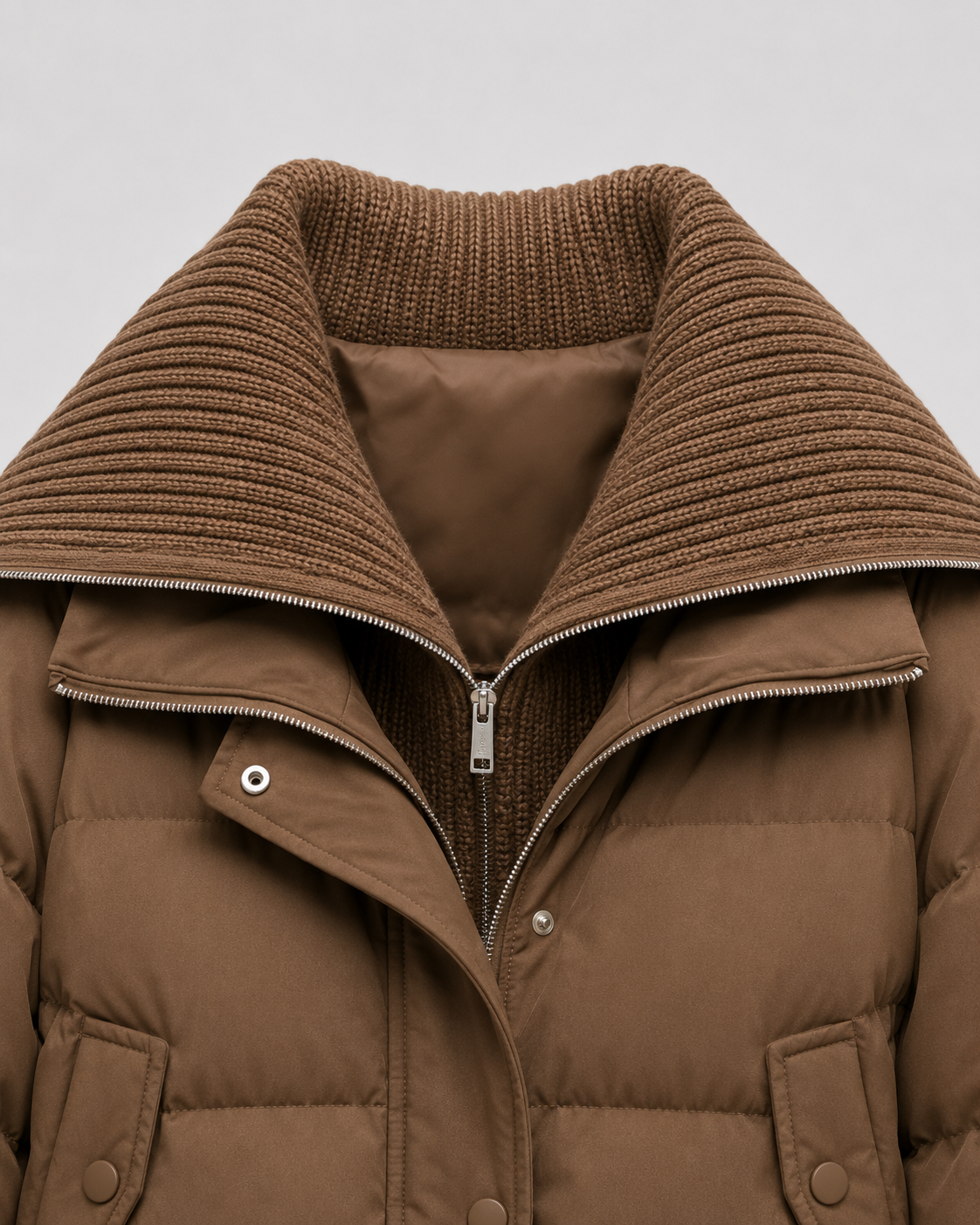 Ribbed Funnel Neck Zip Front Cropped Puffer Jacket