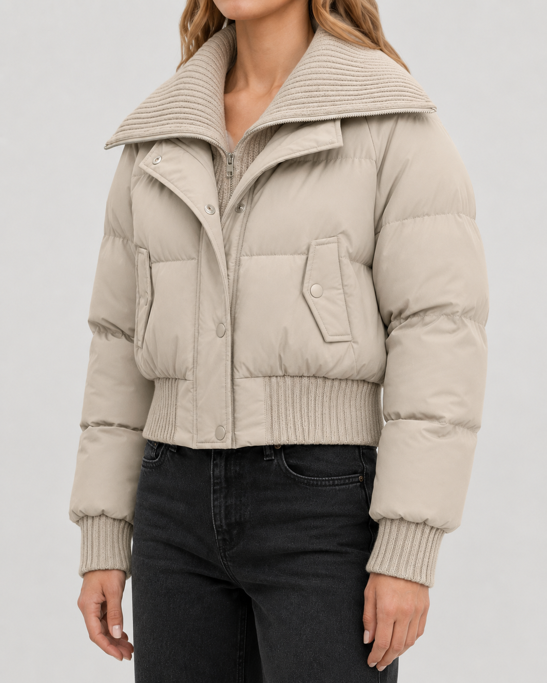 Ribbed Funnel Neck Zip Front Cropped Puffer Jacket