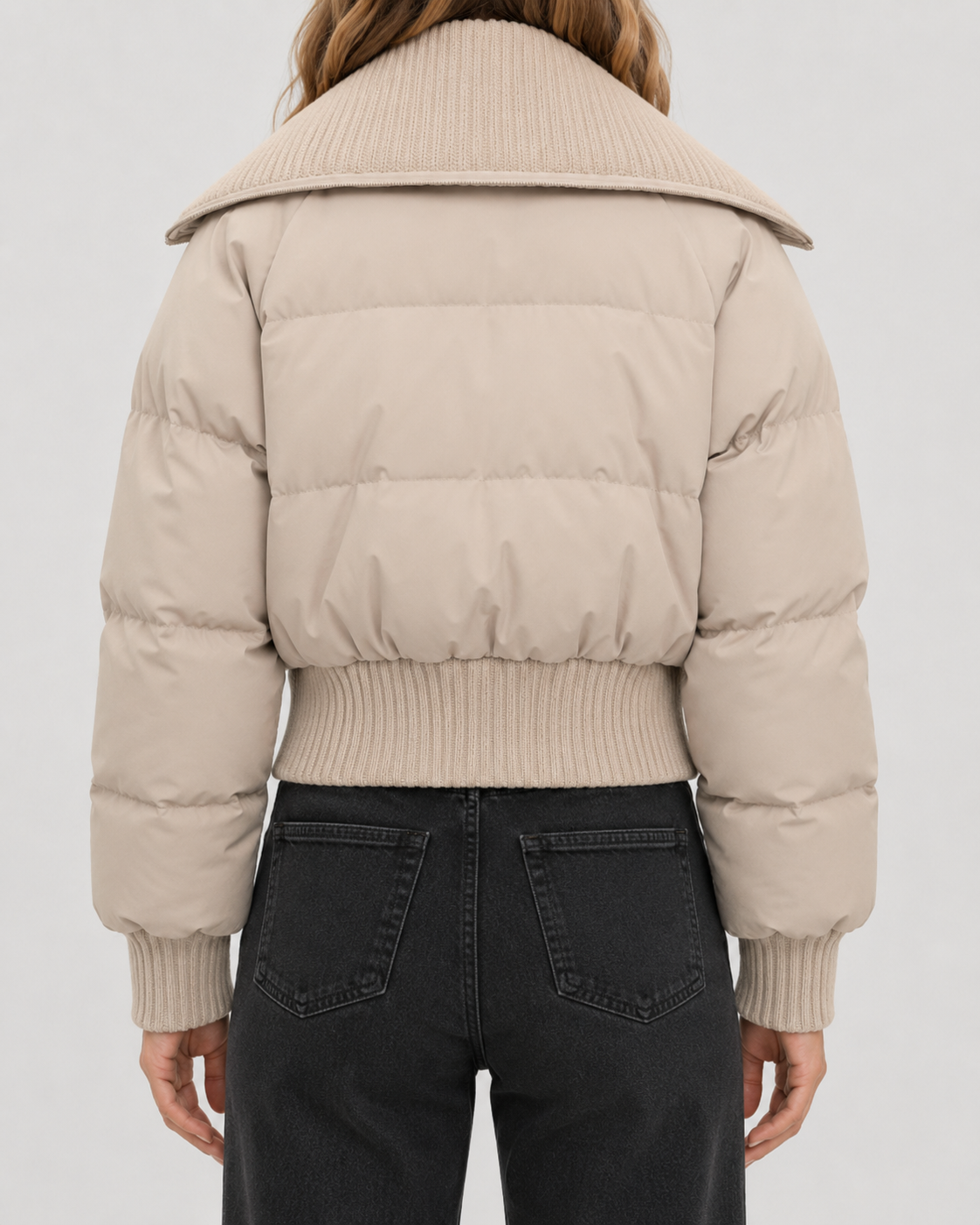 Ribbed Funnel Neck Zip Front Cropped Puffer Jacket