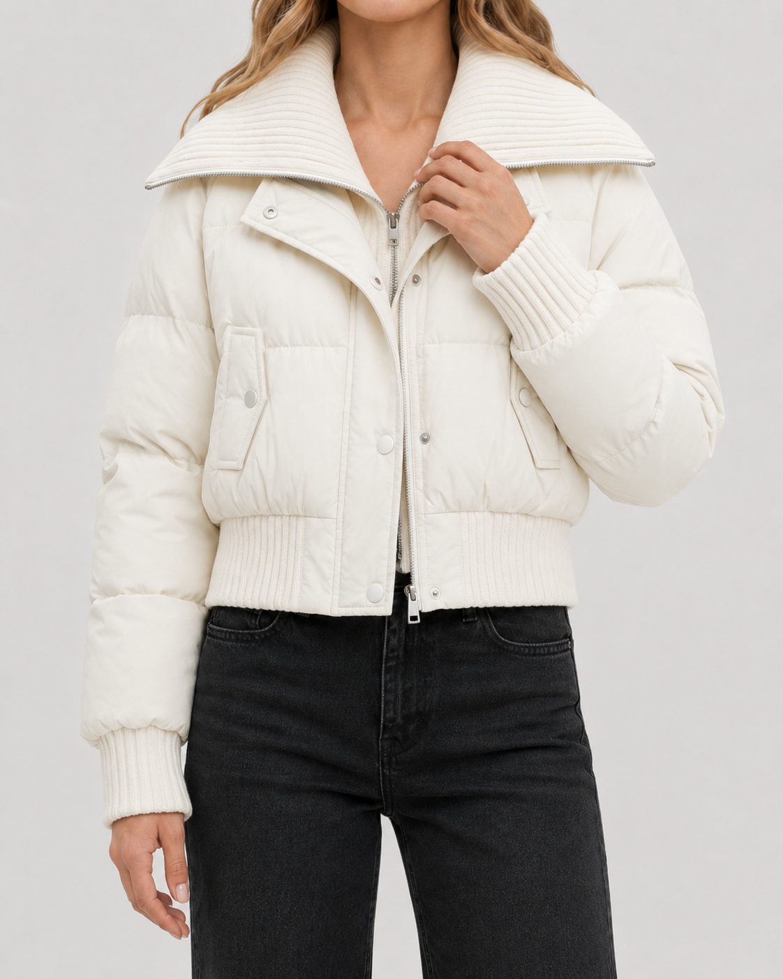 Ribbed Funnel Neck Zip Front Cropped Puffer Jacket