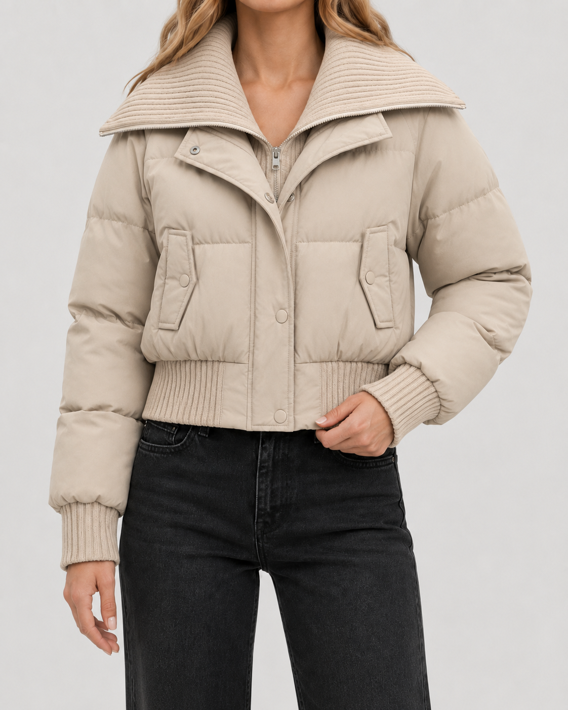 Ribbed Funnel Neck Zip Front Cropped Puffer Jacket