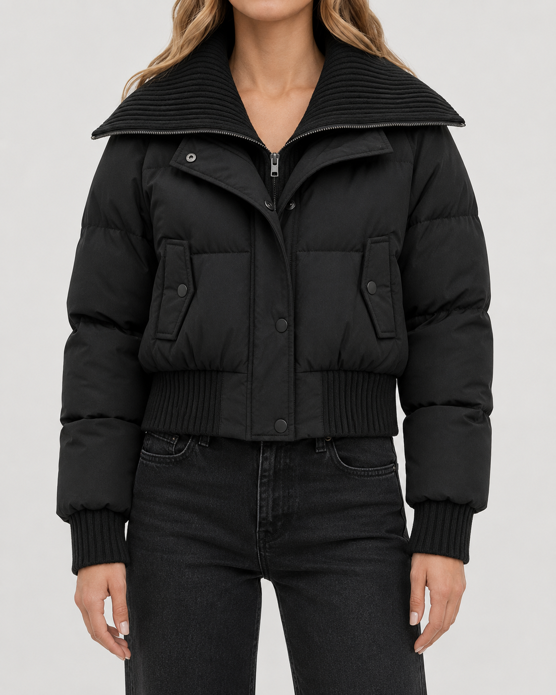 Ribbed Funnel Neck Zip Front Cropped Puffer Jacket