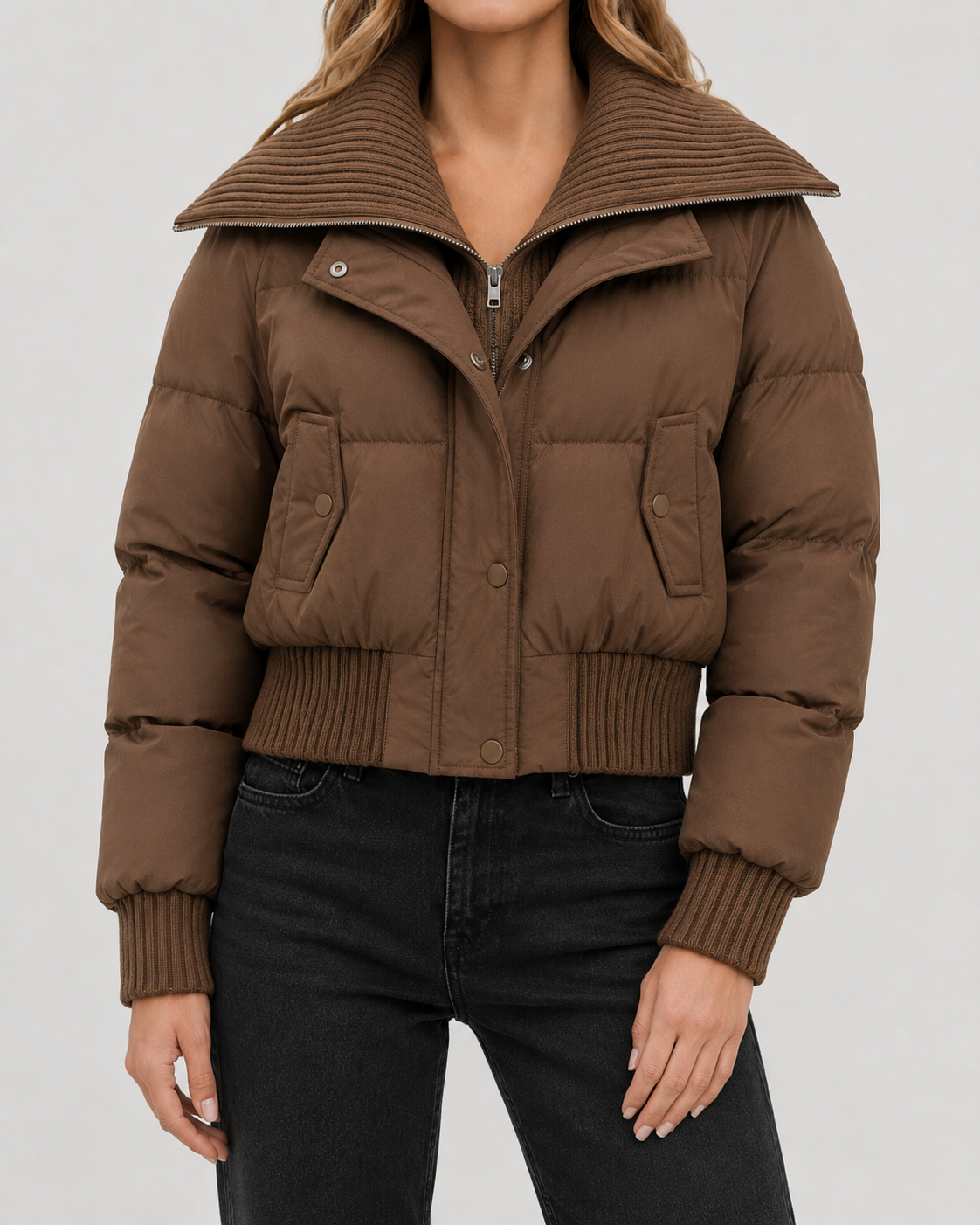 Ribbed Funnel Neck Zip Front Cropped Puffer Jacket