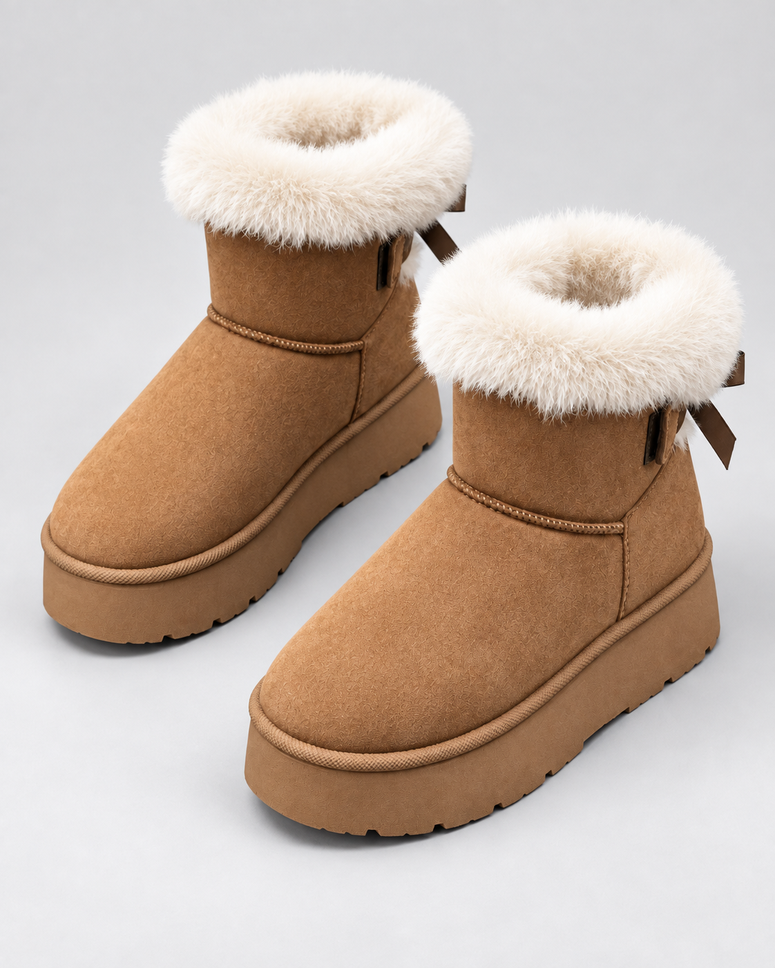 Suede Look Fur Cuff Bow Back Platform Snow Boots