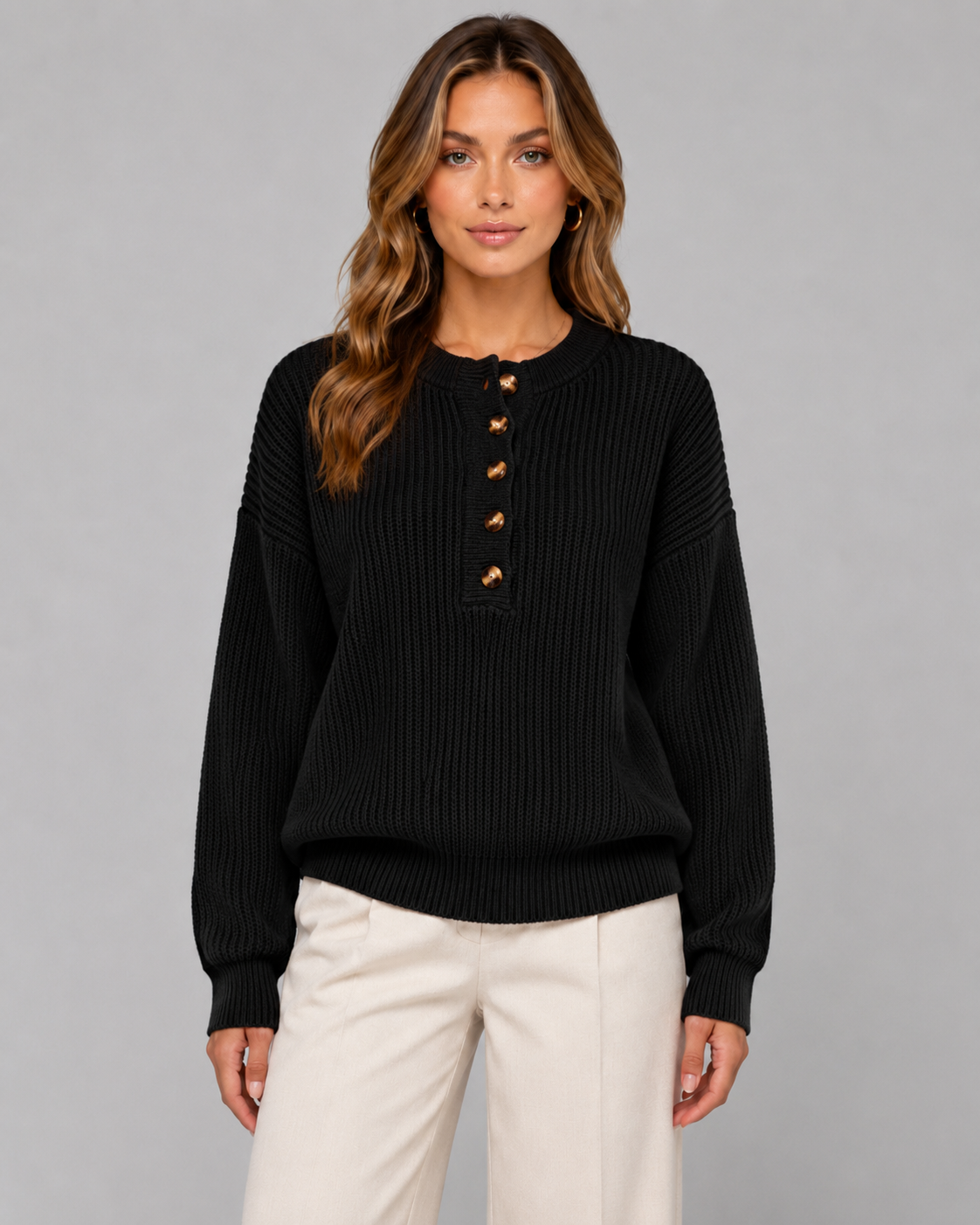 Women's Ribbed Henley Sweater with Button Placket