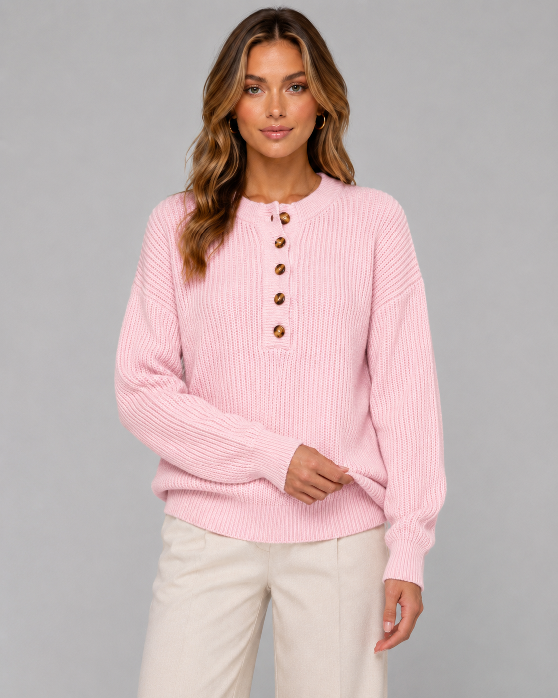 Women's Ribbed Henley Sweater with Button Placket