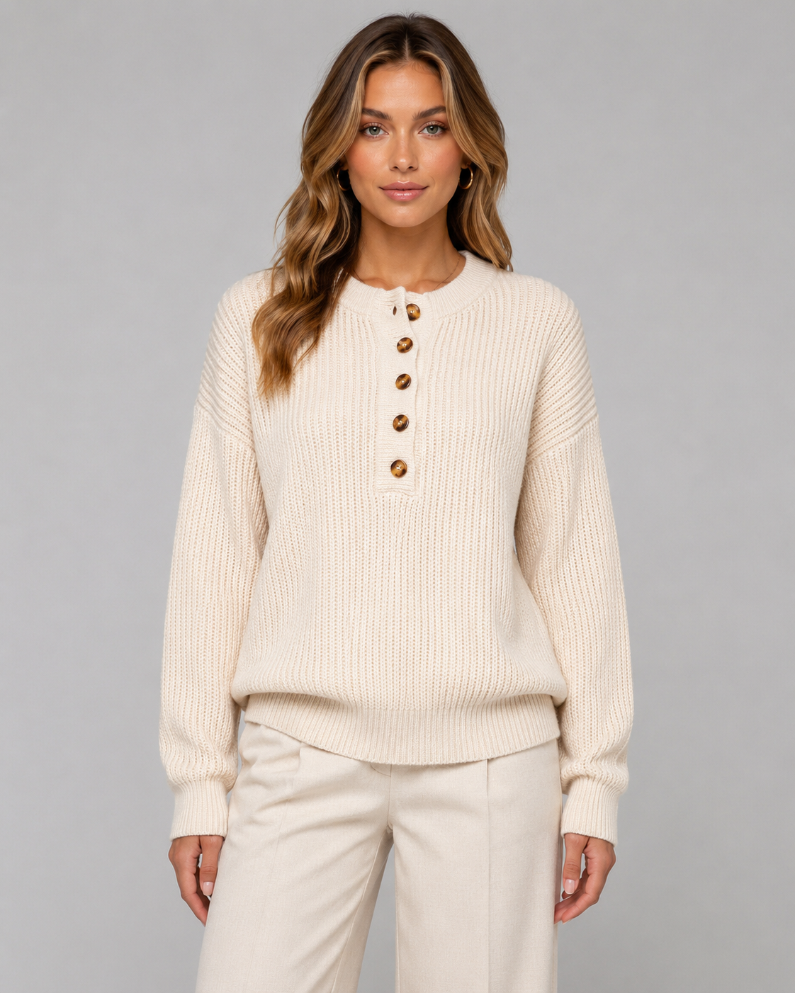 Women's Ribbed Henley Sweater with Button Placket