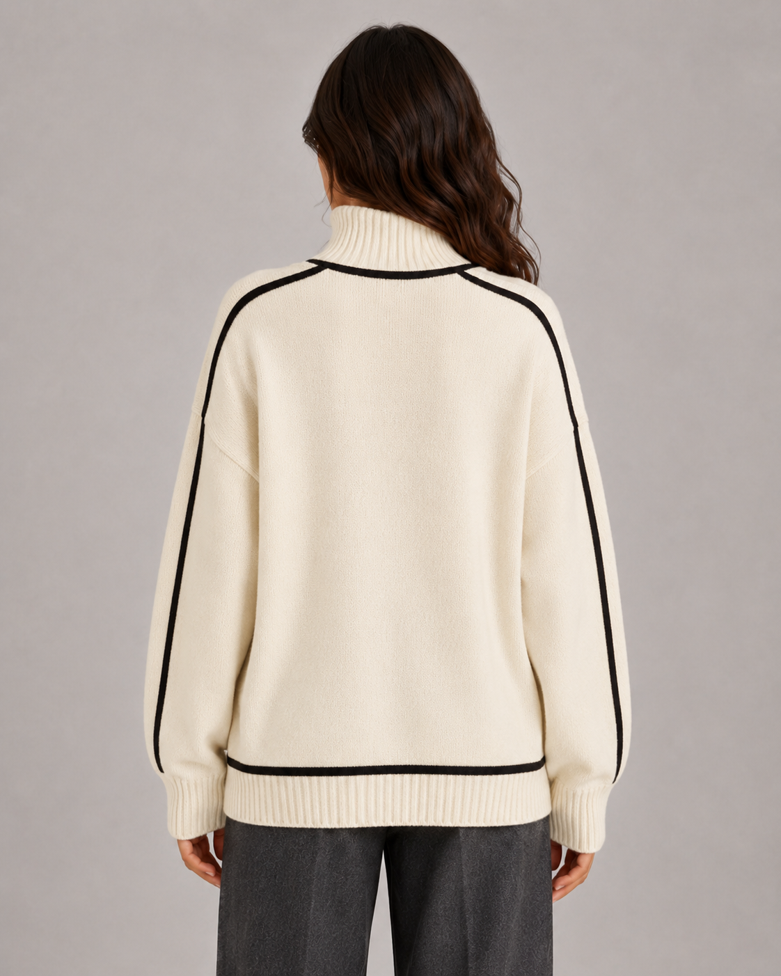 Turtleneck Contrast Trim Oversized Drop Shoulder Sweater