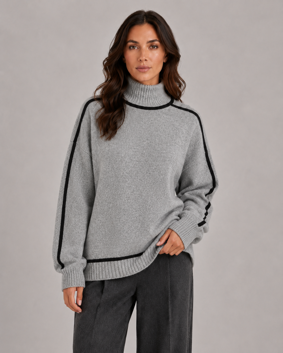 Turtleneck Contrast Trim Oversized Drop Shoulder Sweater