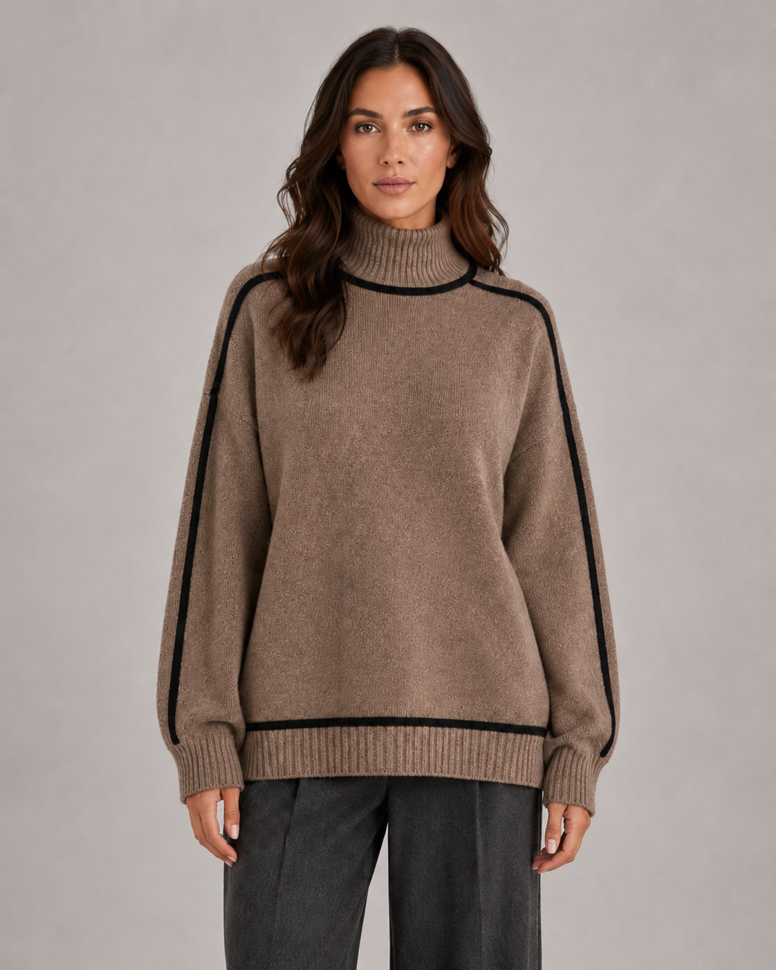 Turtleneck Contrast Trim Oversized Drop Shoulder Sweater
