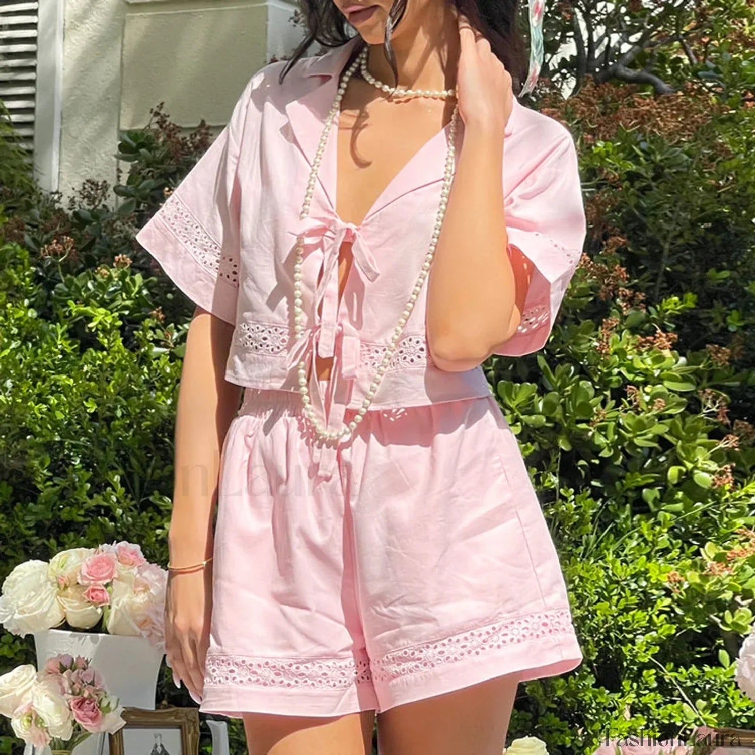 Women Tie Pajama Set V Neck Crop Top Shorts Two Piece Set