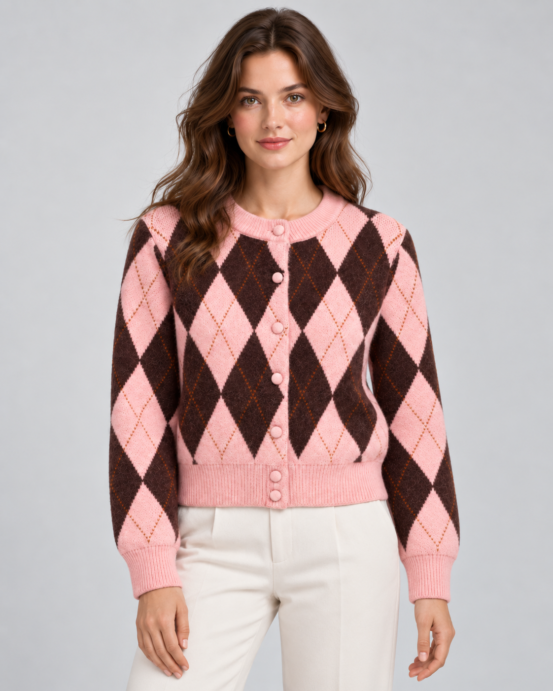 Argyle Knit Crew Neck Button Front Cardigan