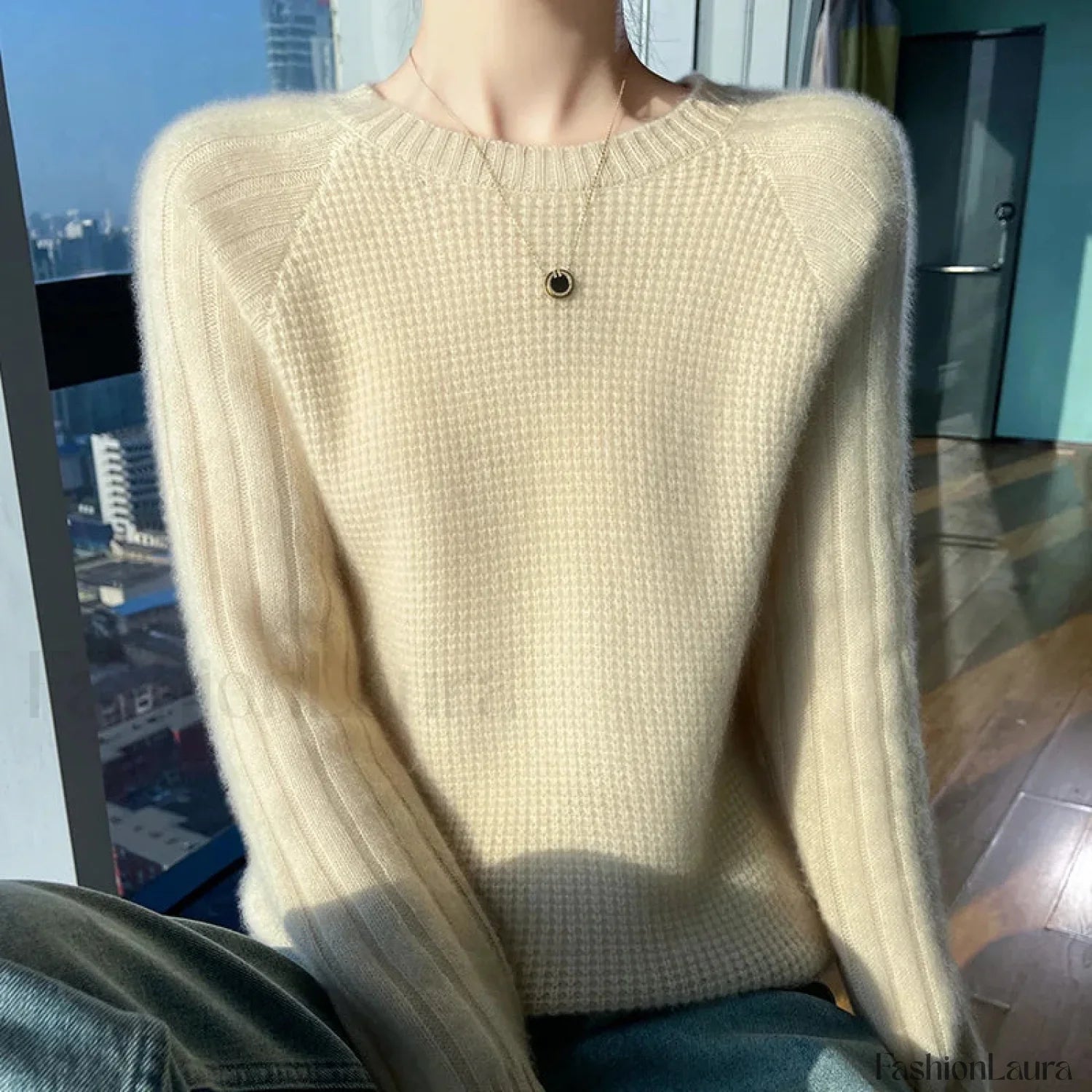 Women's Autumn Winter O-neck Long Sleeve Merino Wool Pullover Padded Cashmere Sweater