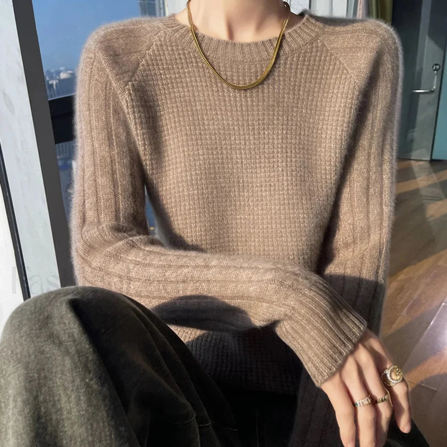 Women's Autumn Winter O-neck Long Sleeve Merino Wool Pullover Padded Cashmere Sweater