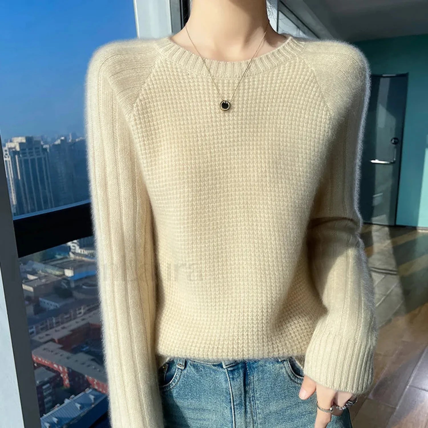 Women's Autumn Winter O-neck Long Sleeve Merino Wool Pullover Padded Cashmere Sweater