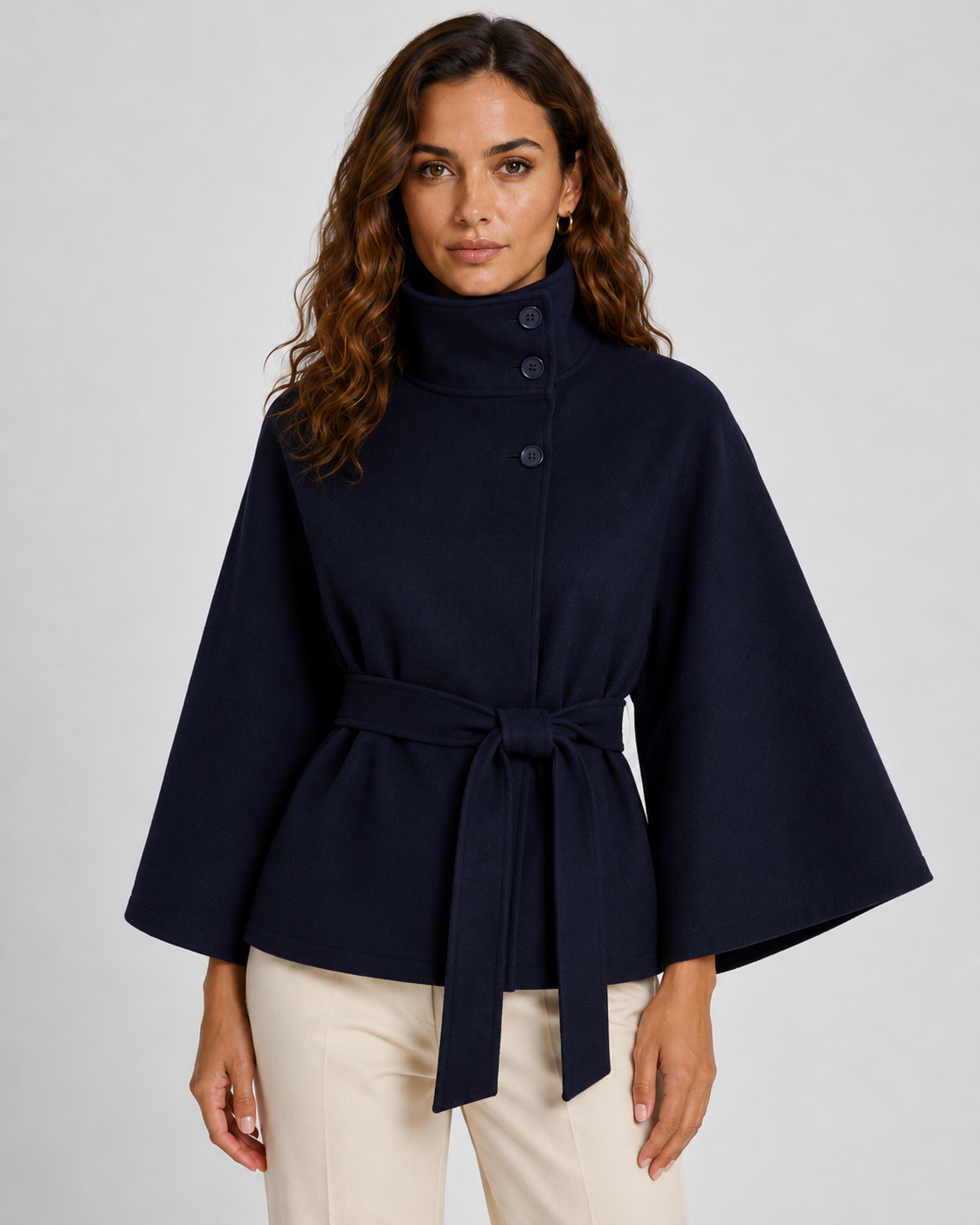 Belted Funnel Neck Wide Sleeve Cape Coat