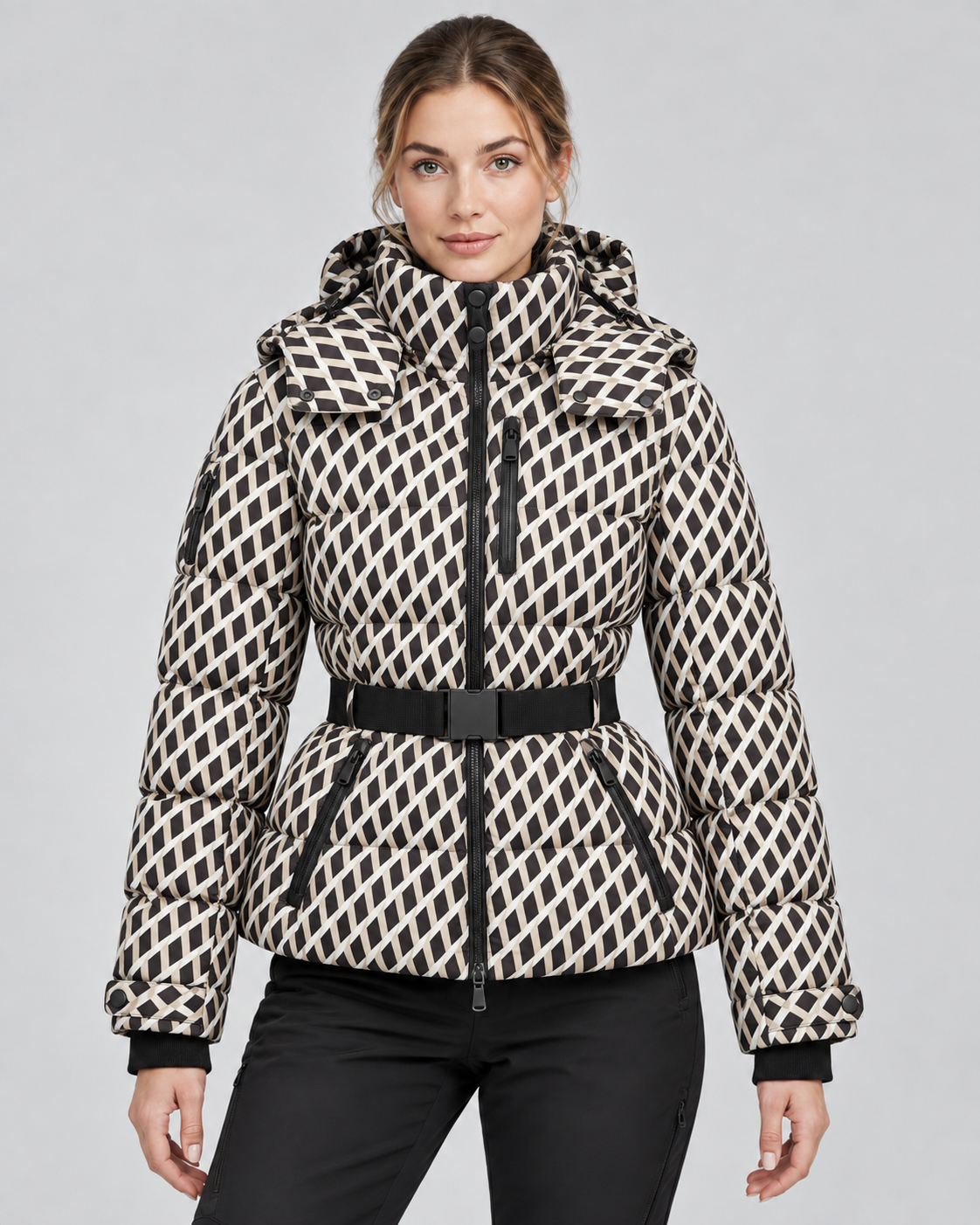 Women's Belted Puffer Jacket – Hooded High Collar Fitted Waist