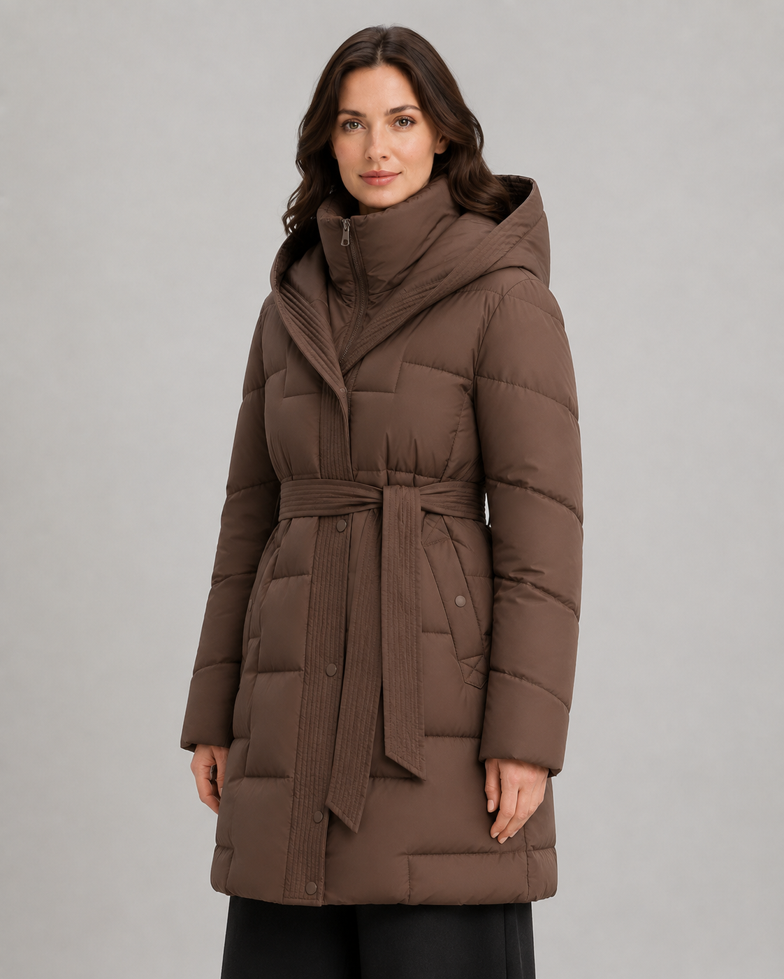 Hooded Belted Zip Front Longline Puffer Coat