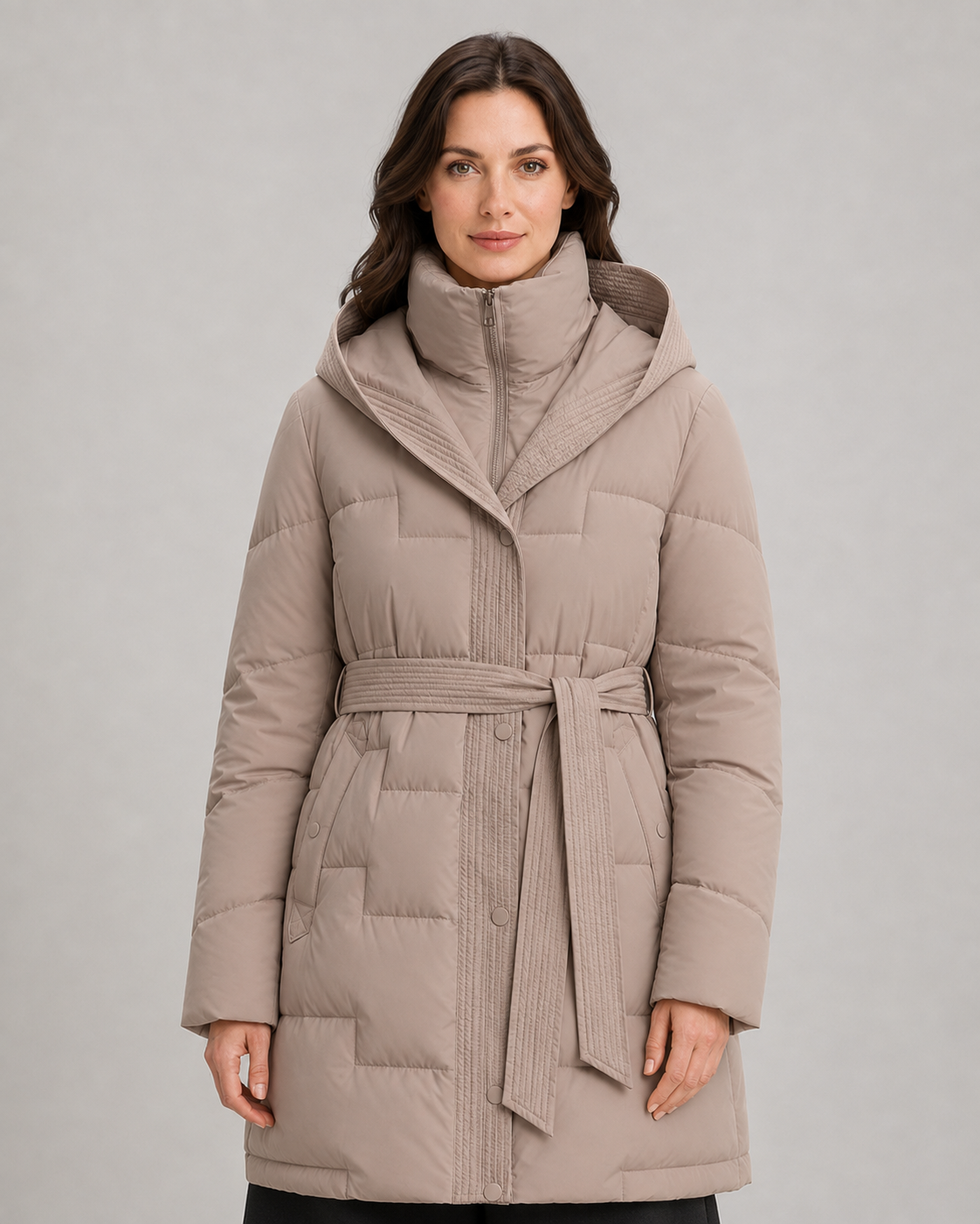 Hooded Belted Zip Front Longline Puffer Coat