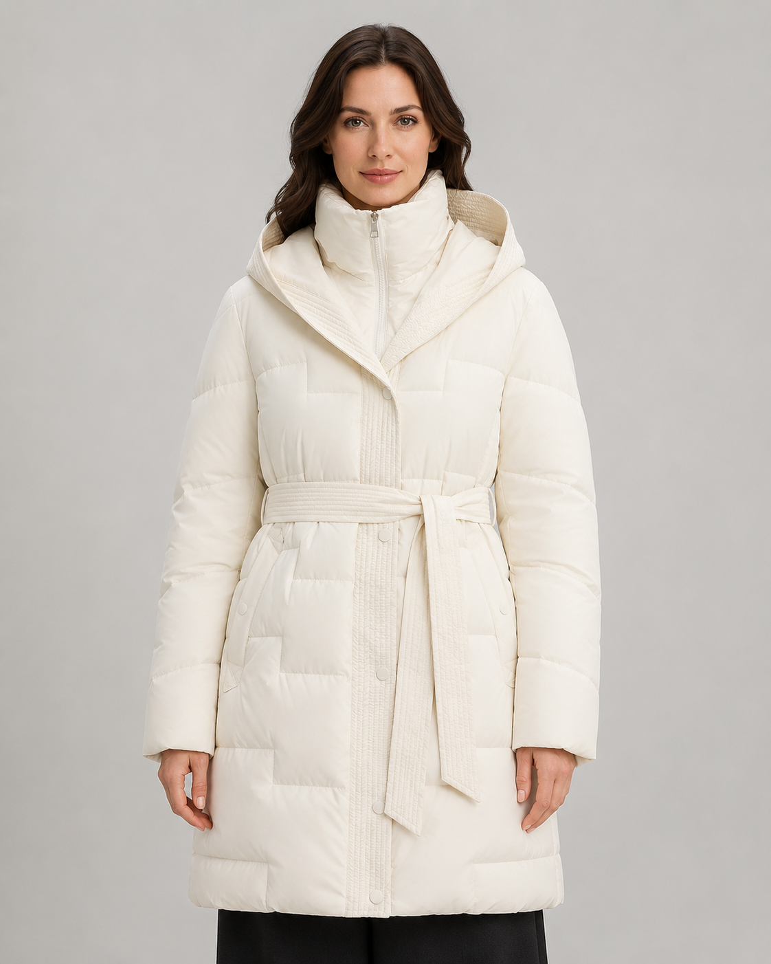 Hooded Belted Zip Front Longline Puffer Coat