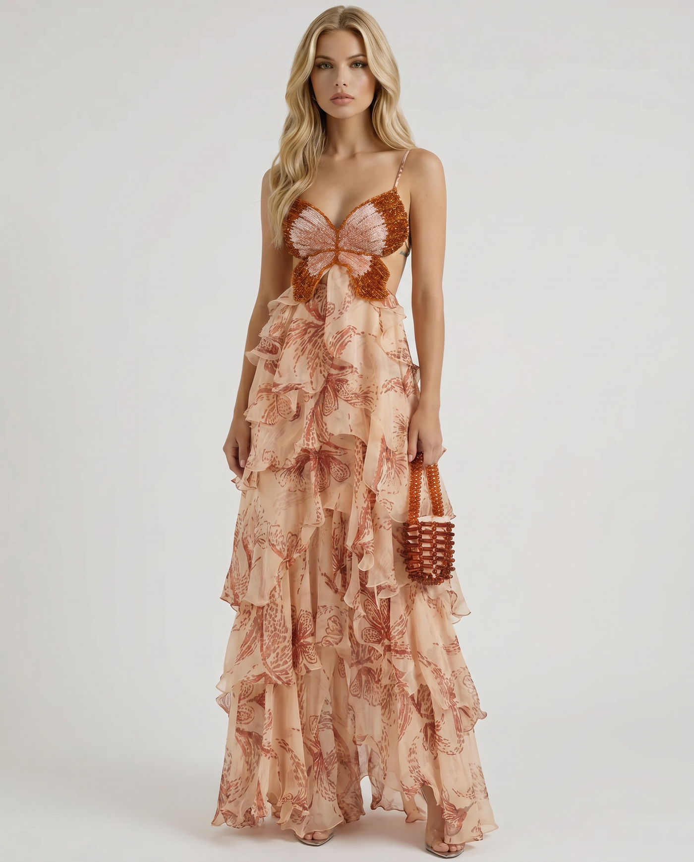 Butterfly Appliqué Tiered Ruffle Chiffon Maxi Dress