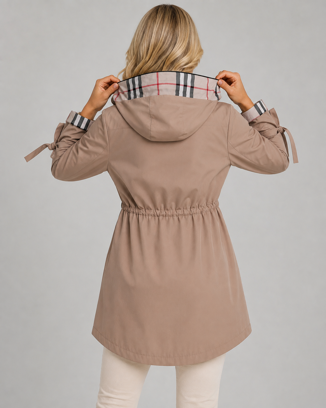 Hooded Check Lined Drawstring Waist Trench Coat