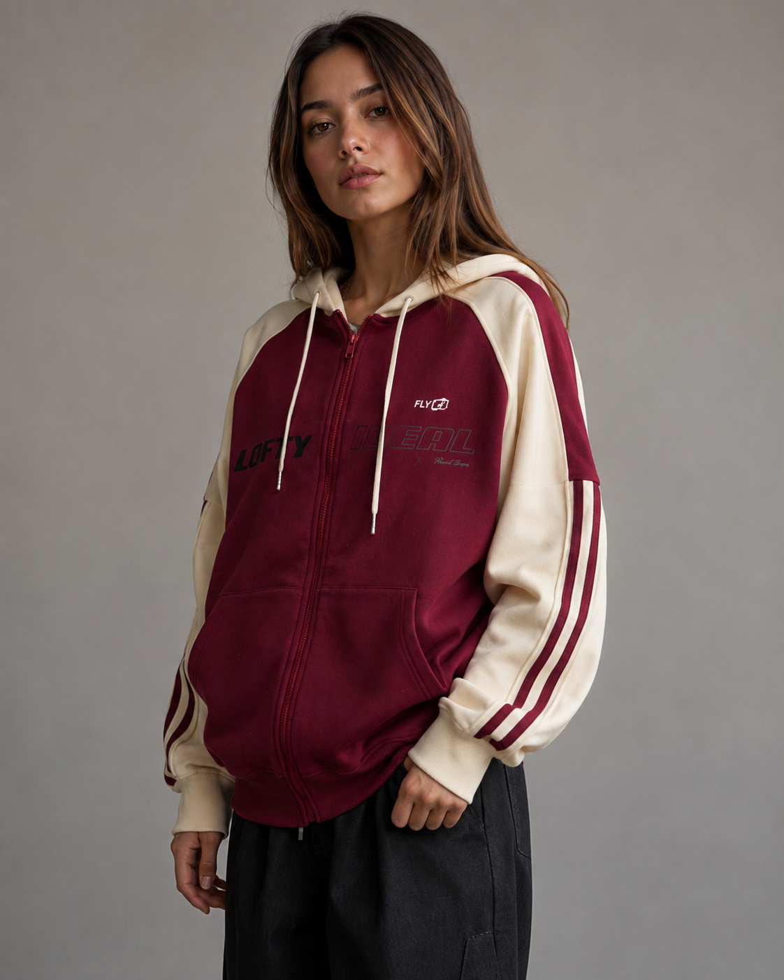 Color Block Striped Sleeve Oversized Zip Up Hoodie