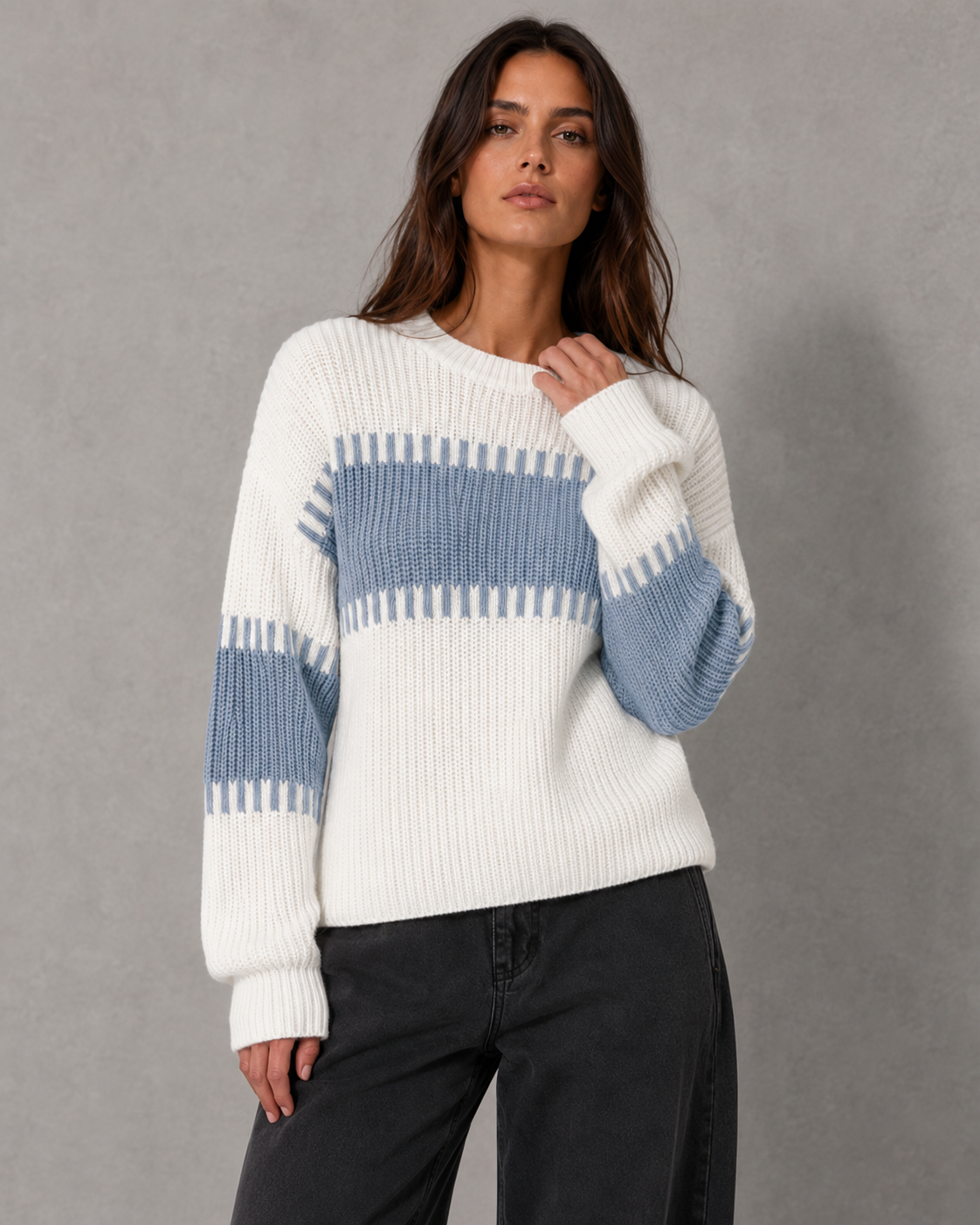 Women's Colorblock Knit Sweater - Crew Neck Long Sleeve Relaxed Fit