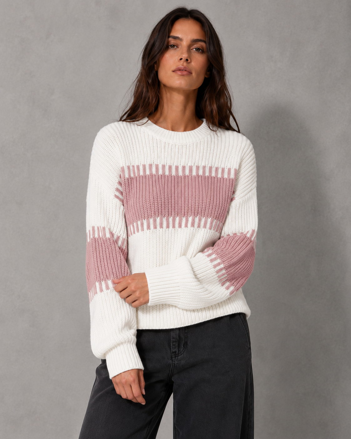 Women's Colorblock Knit Sweater - Crew Neck Long Sleeve Relaxed Fit