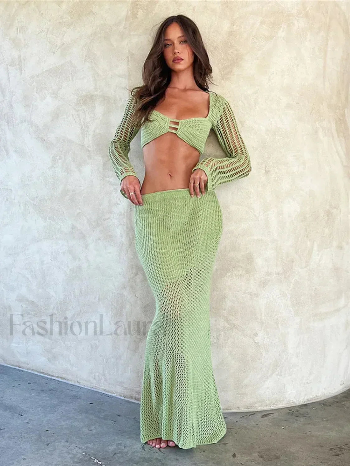 Women's Crochet Knit 2 Piece Skirt Set Hollow Out Crop Top Long Sleeve Backless Tie Up Club Bodycon Outfits Lace Dress