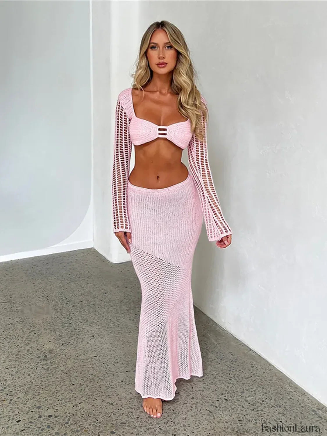 Women's Crochet Knit 2 Piece Skirt Set Hollow Out Crop Top Long Sleeve Backless Tie Up Club Bodycon Outfits Lace Dress