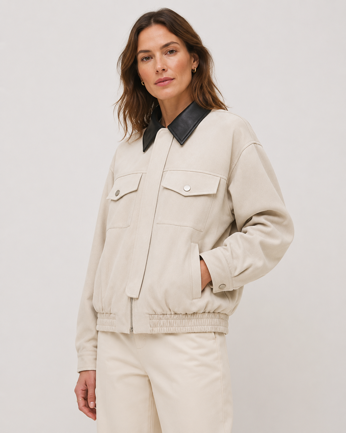 Women's Cropped Suede Barn Jacket Contrast Collar