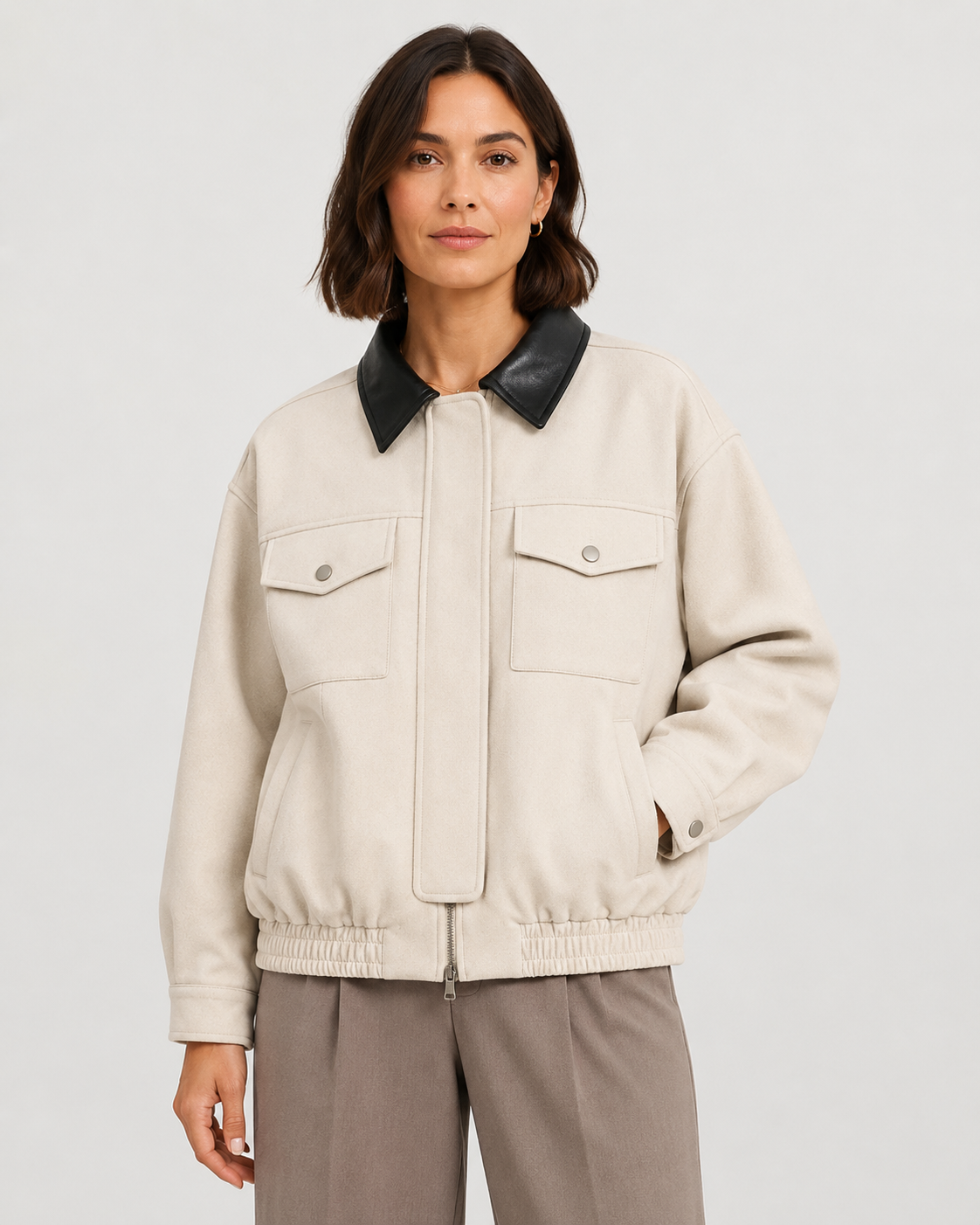 Women's Cropped Suede Barn Jacket Contrast Collar