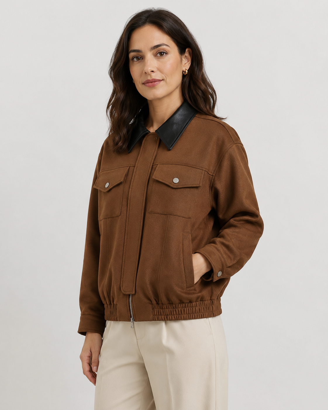 Women's Cropped Suede Barn Jacket Contrast Collar