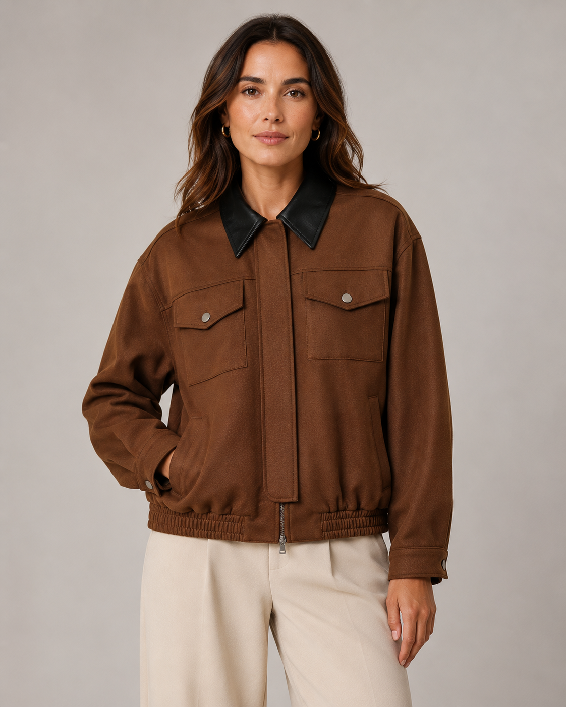 Women's Cropped Suede Barn Jacket Contrast Collar