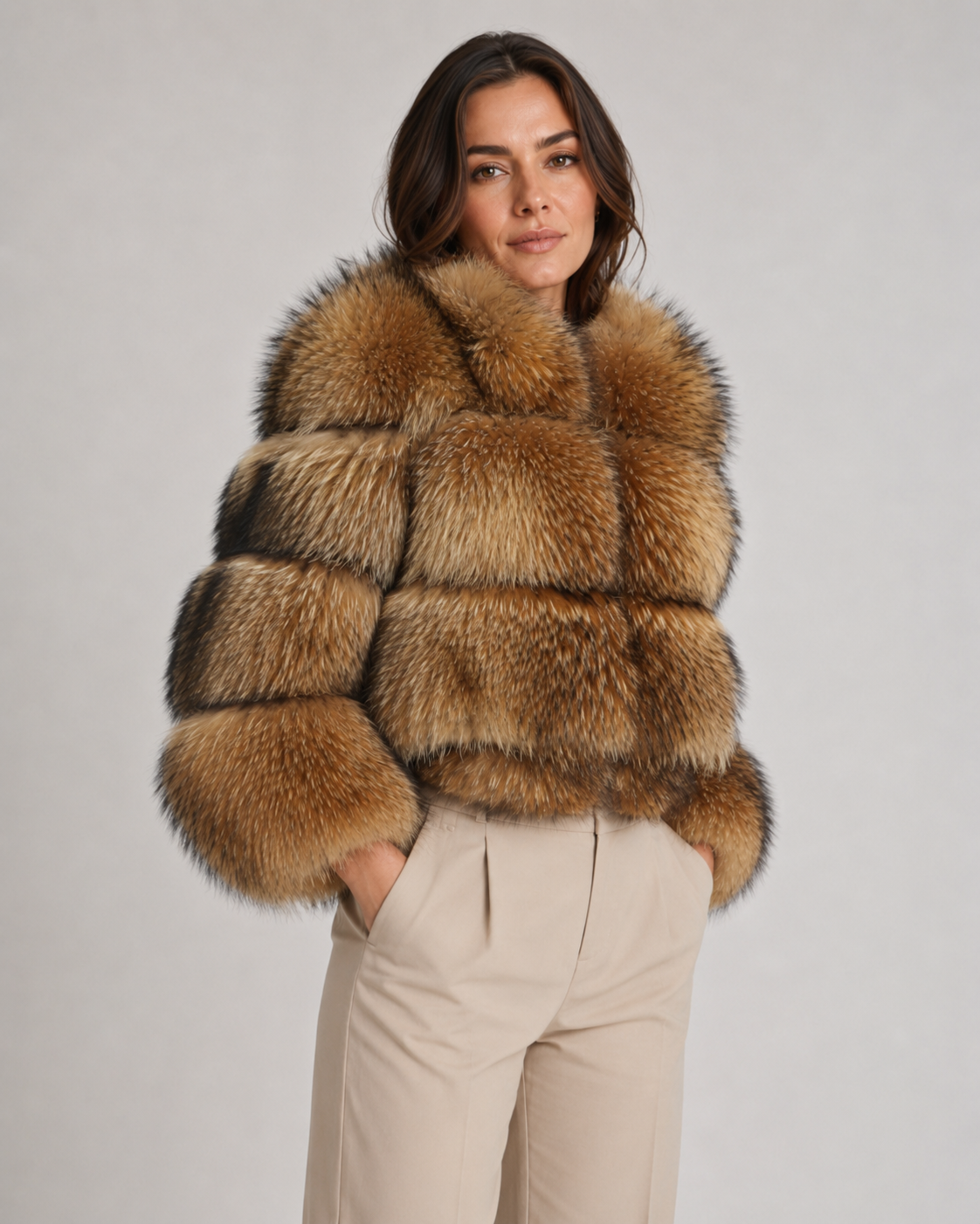 Cropped Faux Fur Stand Collar Jacket