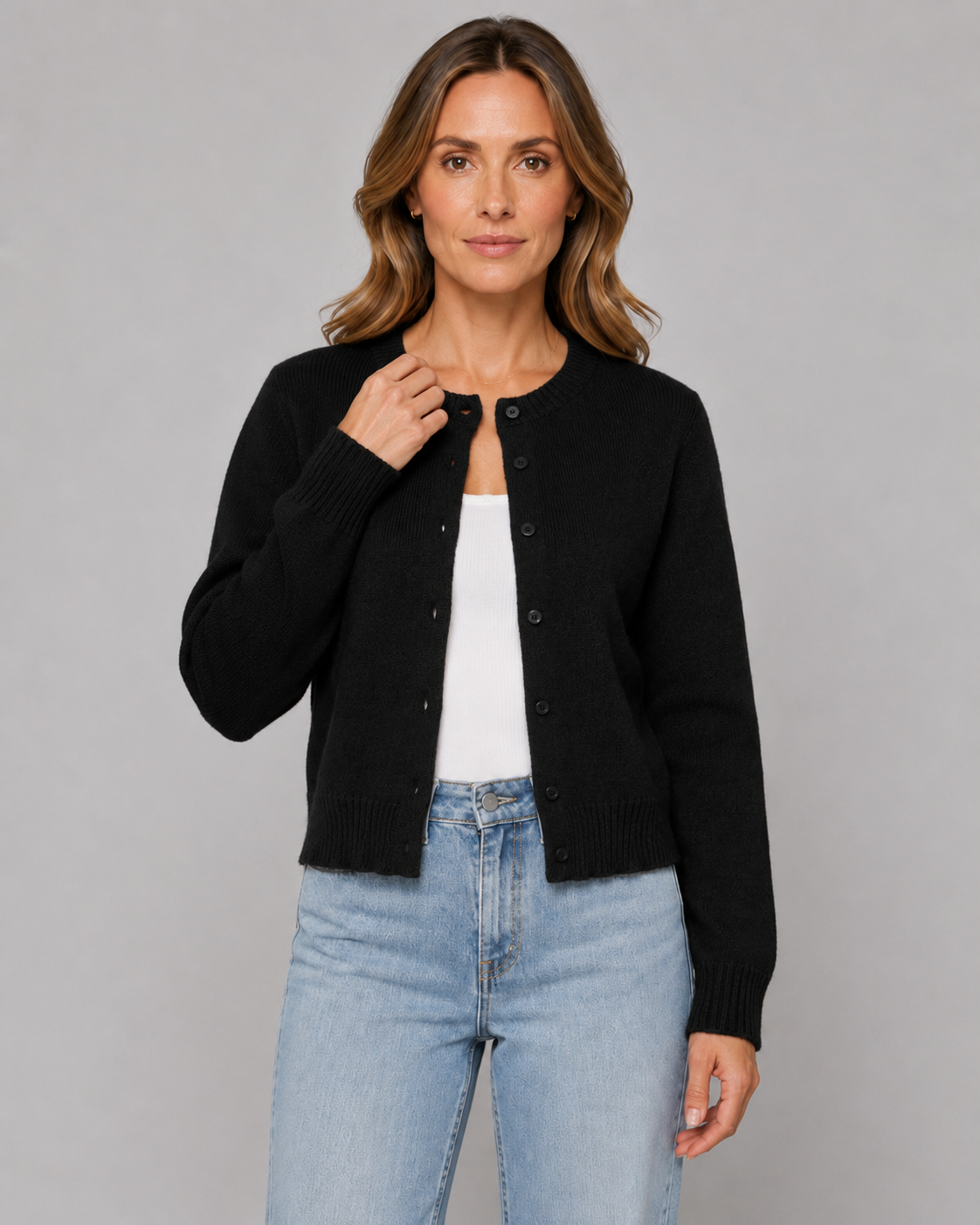 Crew Neck Button Front Cropped Cardigan