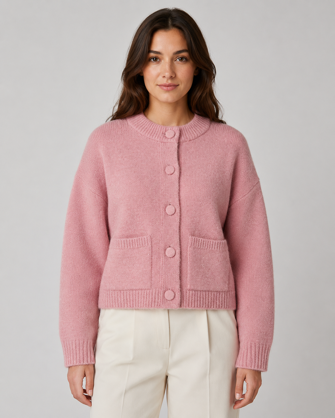 Women's Cropped Chunky Knit Cardigan with Patch Pockets