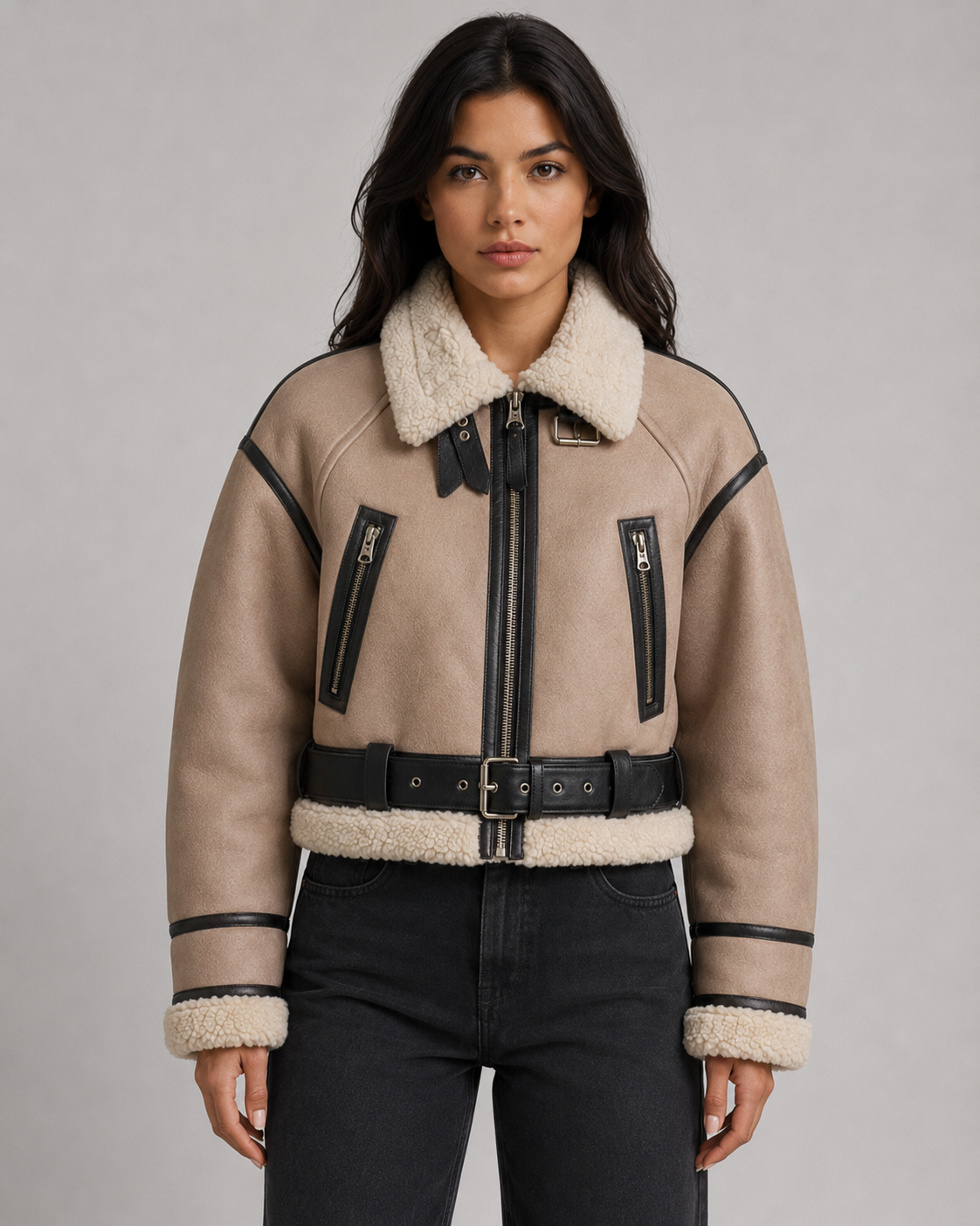 Cropped Faux Shearling Belted Aviator Jacket