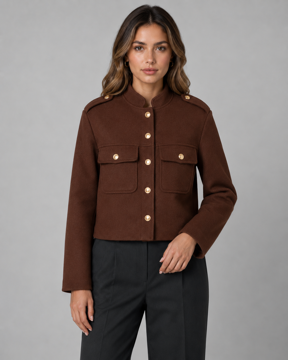 Women's Cropped Gold Button Jacket - Stand Collar