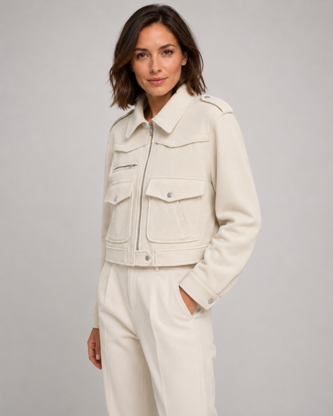 Women's Cropped Suede Jacket with Snap Flap Pockets