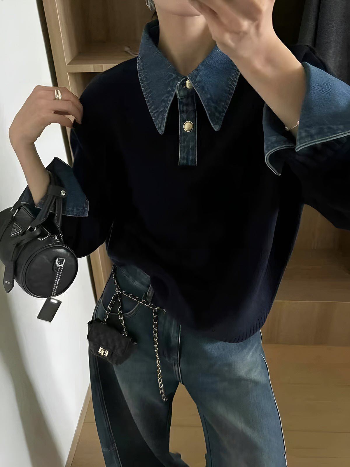 Denim Collar Button Placket Knit Polo Sweater