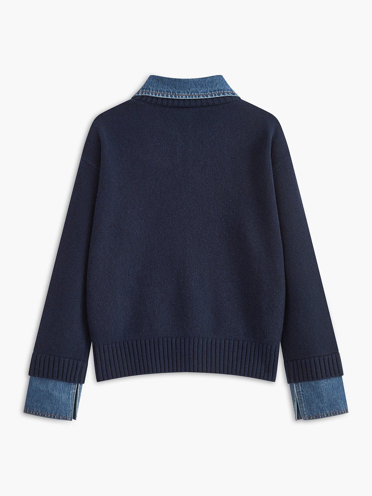Denim Collar Button Placket Knit Polo Sweater